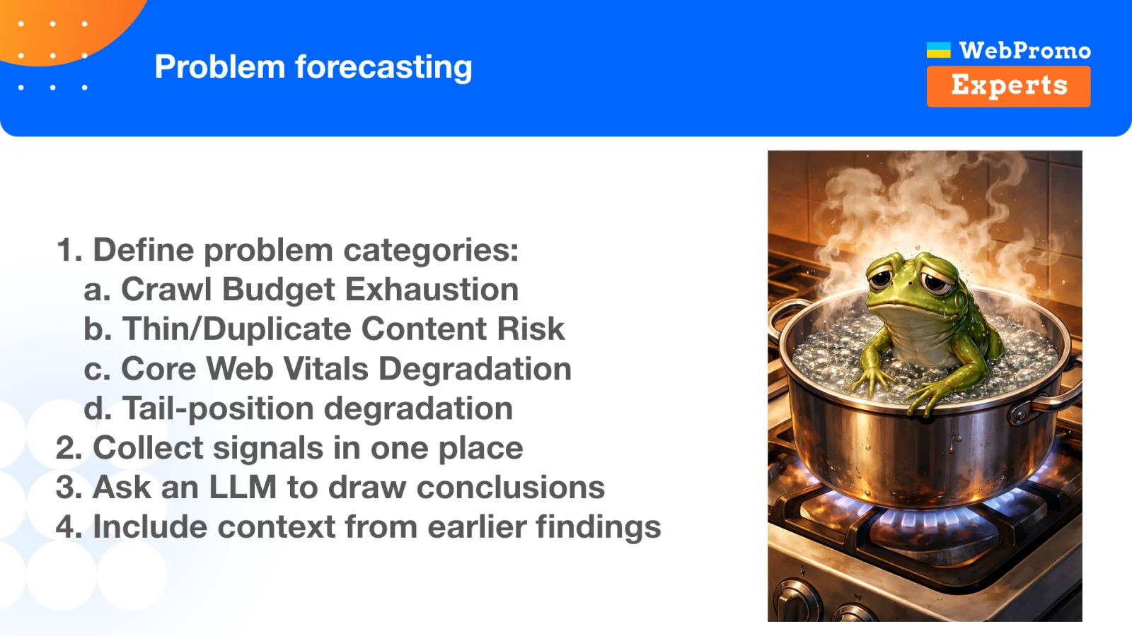 An early-warning workflow for SEO risks: define categories, collect signals, and analyze them with historical context.