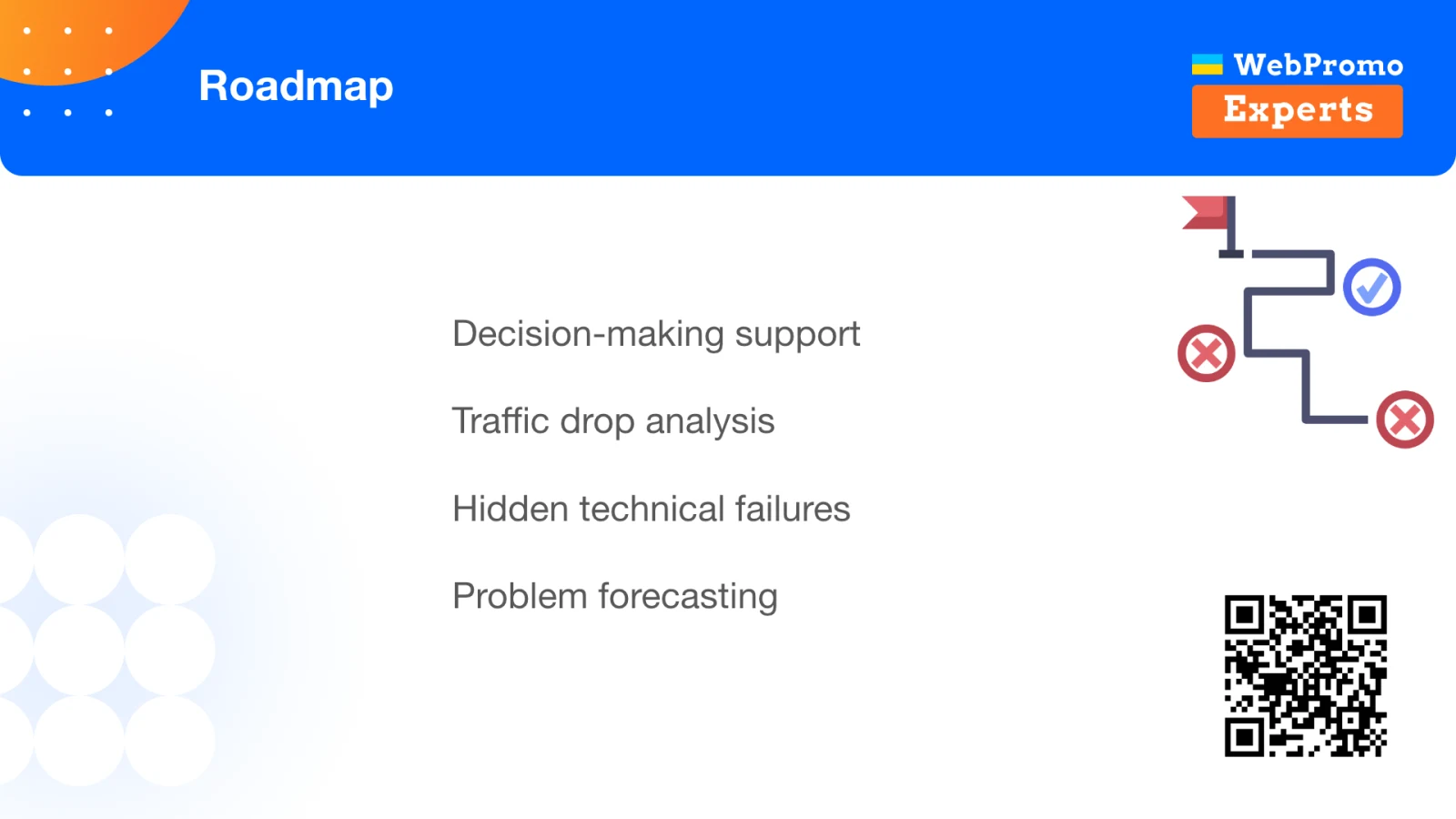 The talk roadmap: decision-making, traffic-drop analysis, hidden technical failures, and anticipating problems.