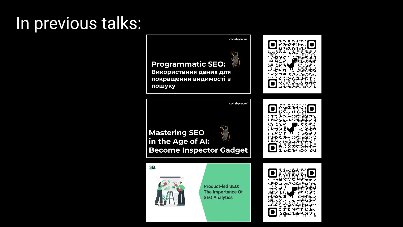 Earlier talks on programmatic SEO, AI tools, and product-led SEO analytics.