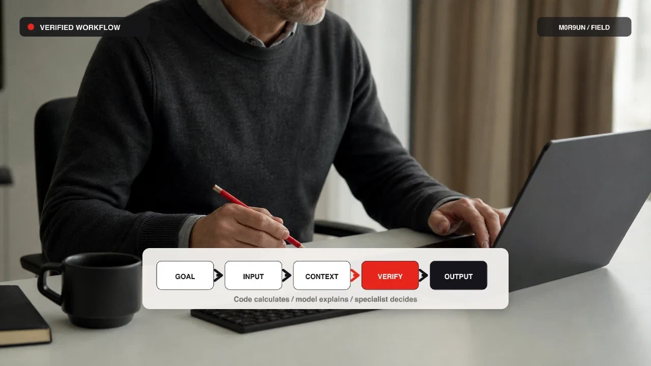 A specialist works beside a verified workflow built from Goal, Input, Context, Verify, and Output stages.