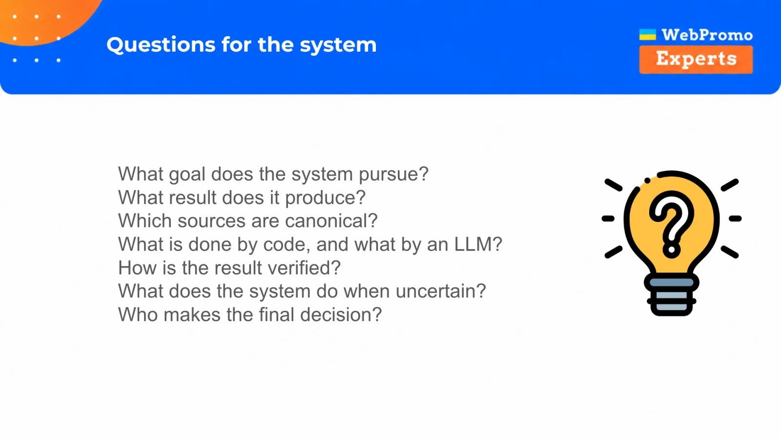 Seven questions for evaluating a system: goal, output, canonical sources, code versus LLM, verification, uncertainty, and final ownership.