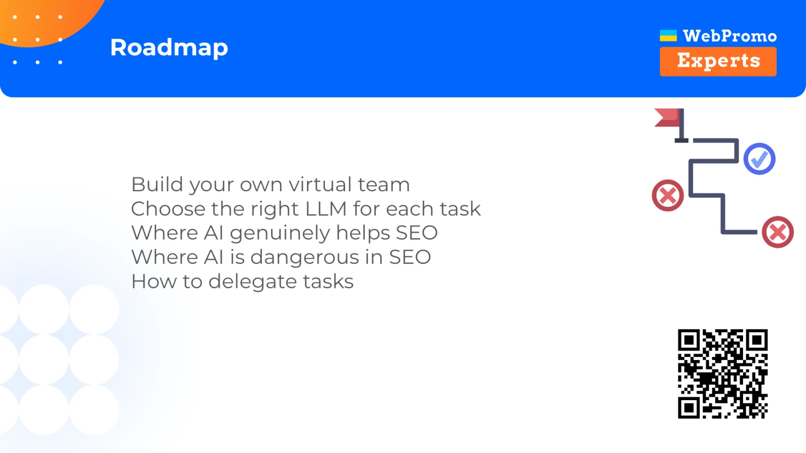 The talk roadmap: virtual teams, choosing models by task, useful and dangerous SEO applications, and delegation.