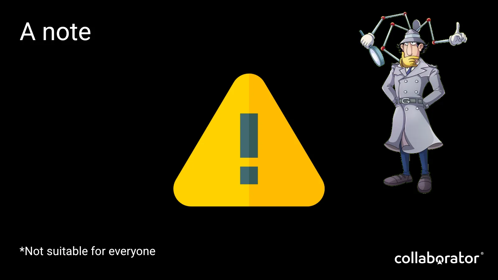 A warning that the techniques in the talk are not suitable for every person or project.