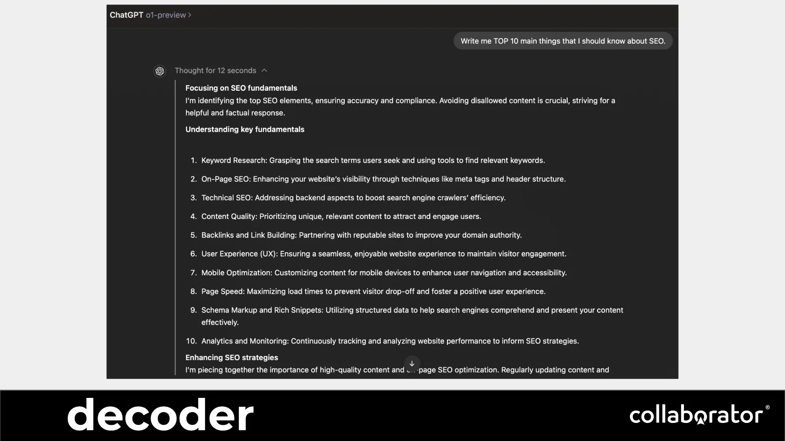 A decoder example that expands a short instruction into a detailed response.