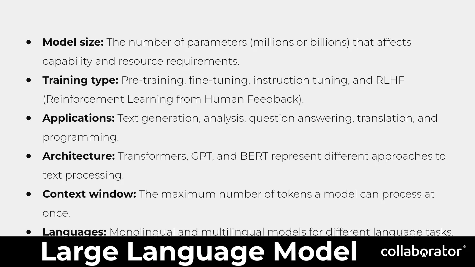 The main LLM selection dimensions: size, training, applications, context window, and languages.