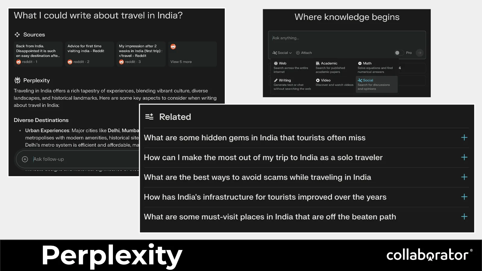 Perplexity search and related-question suggestions.