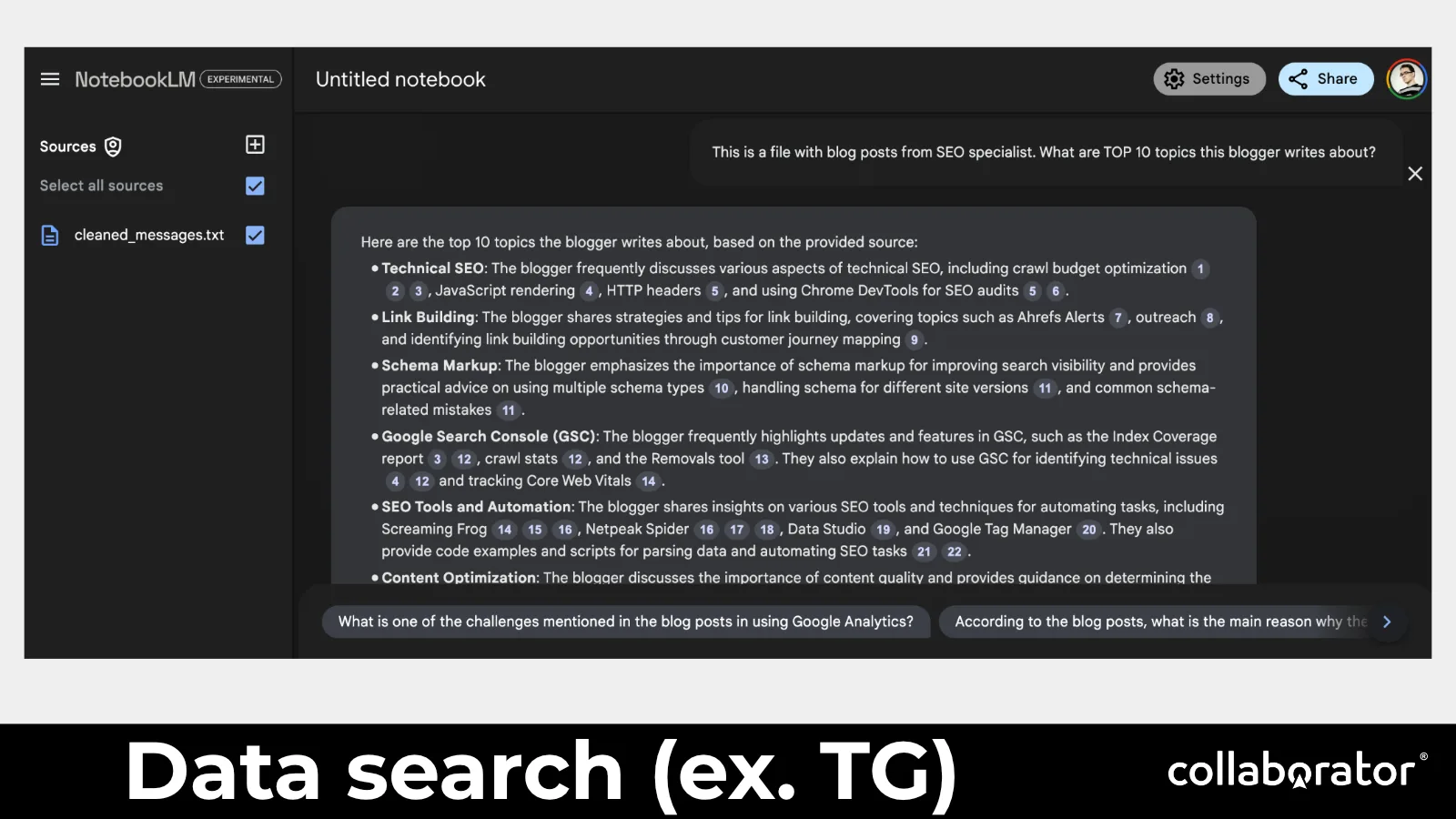 Searching an exported Telegram archive for facts and themes.