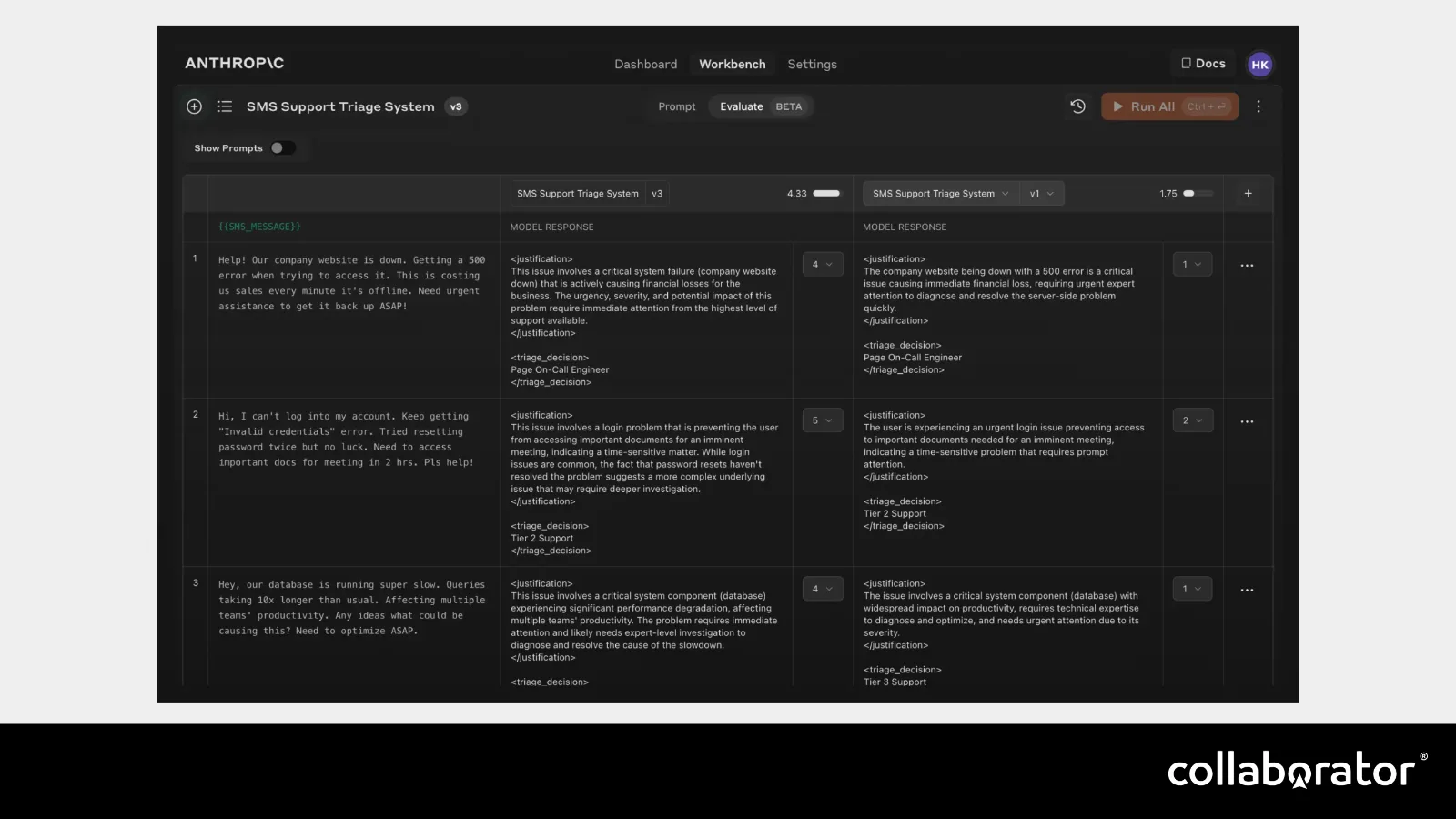 A prompt-testing workbench with multiple inputs and outputs.