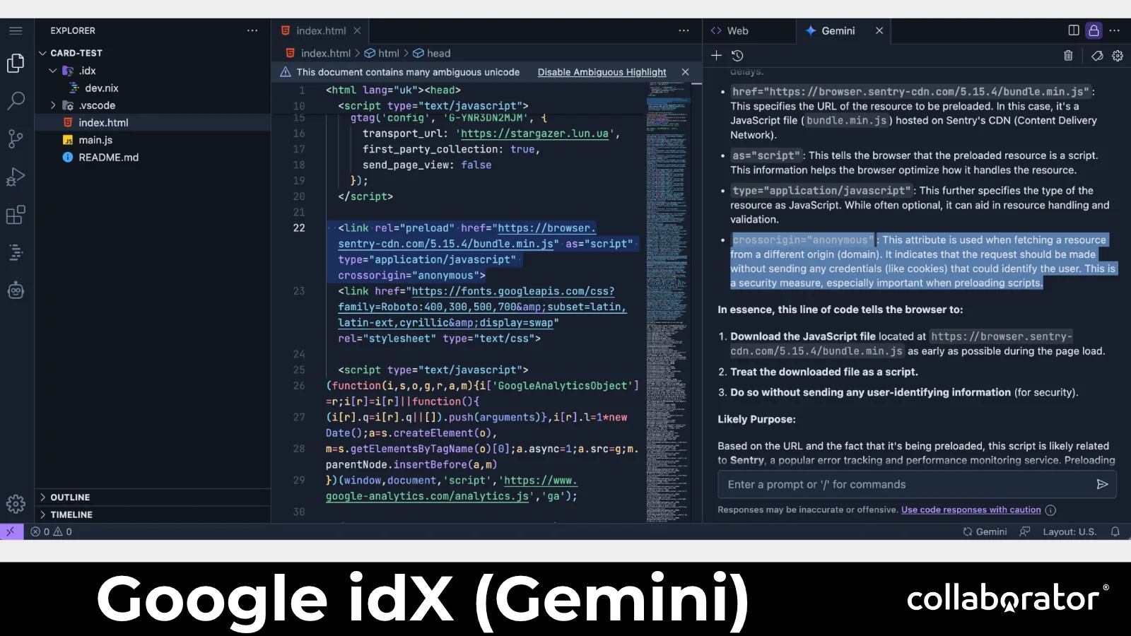 Gemini explaining code inside Google IDX.
