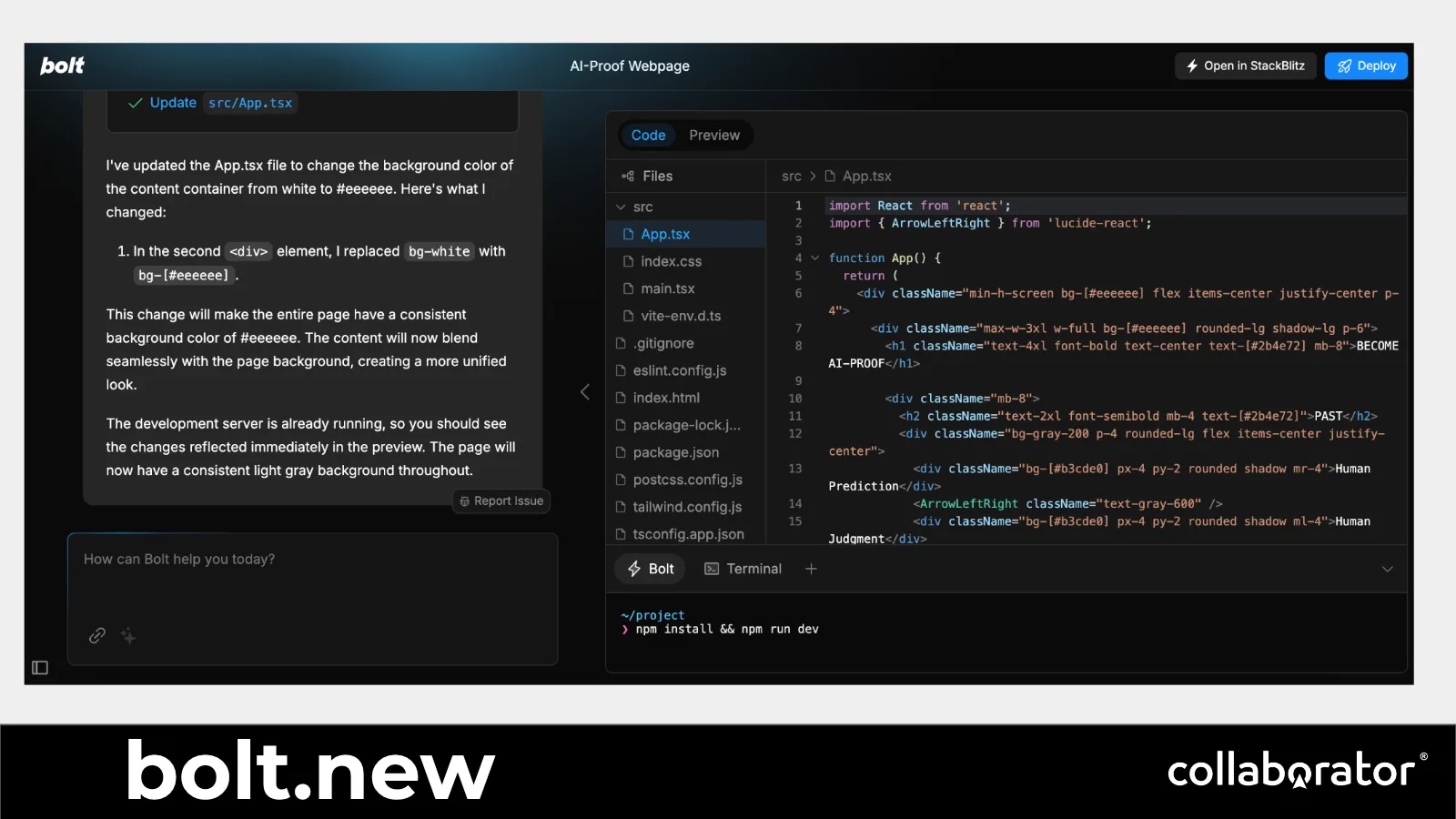 A second bolt.new example showing generated page code and preview.