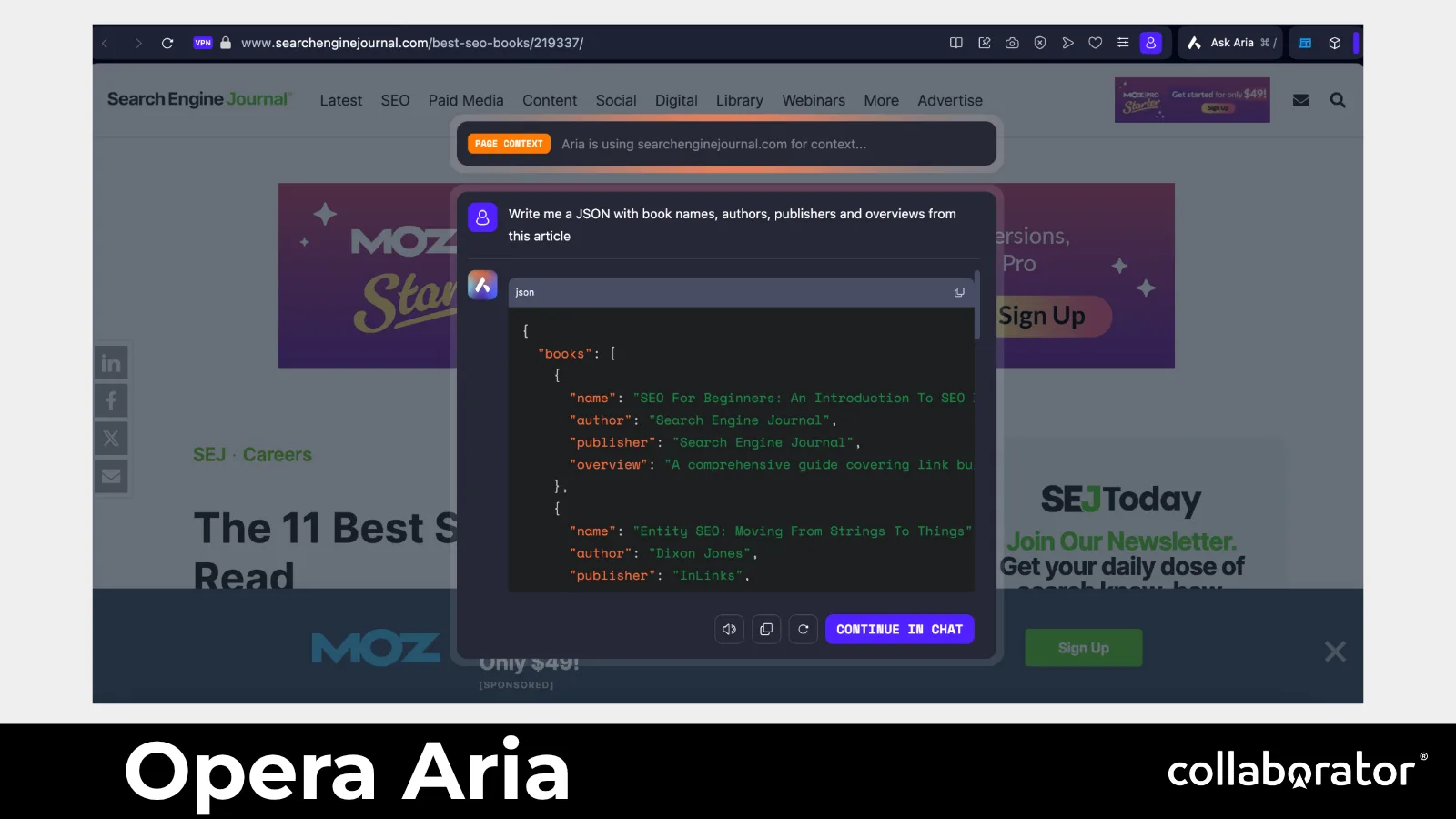Opera Aria working with the content of the current page.