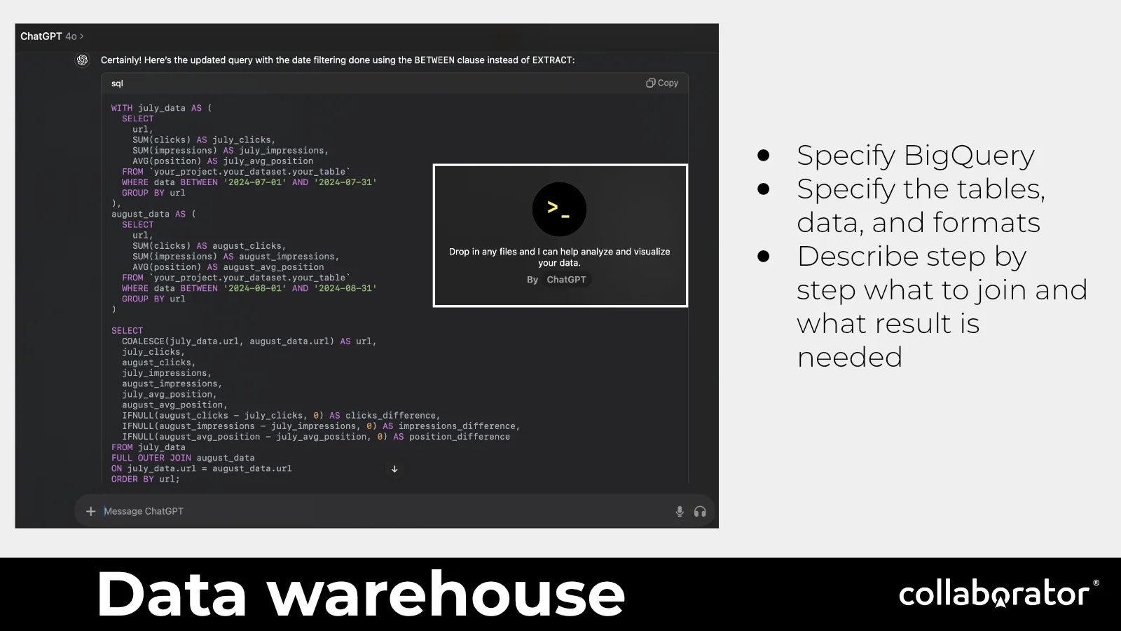 A generated BigQuery query based on an explicit schema and task.