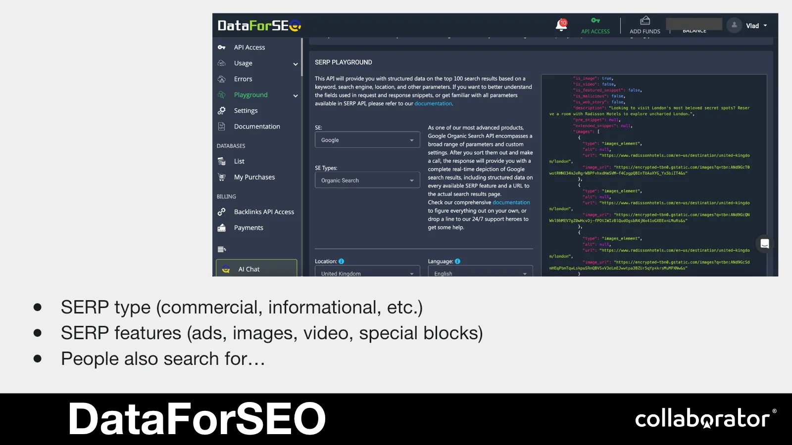 SERP data from DataForSEO, including intent and special-result features.