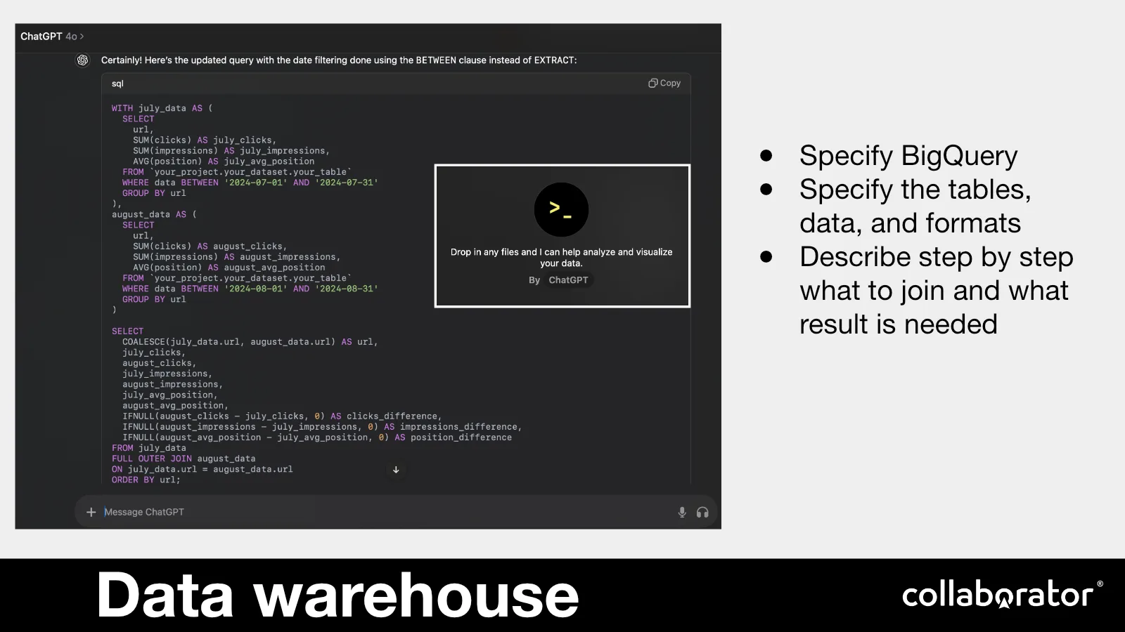 Prompting an assistant with the database, schema, formats, joins, and desired result.
