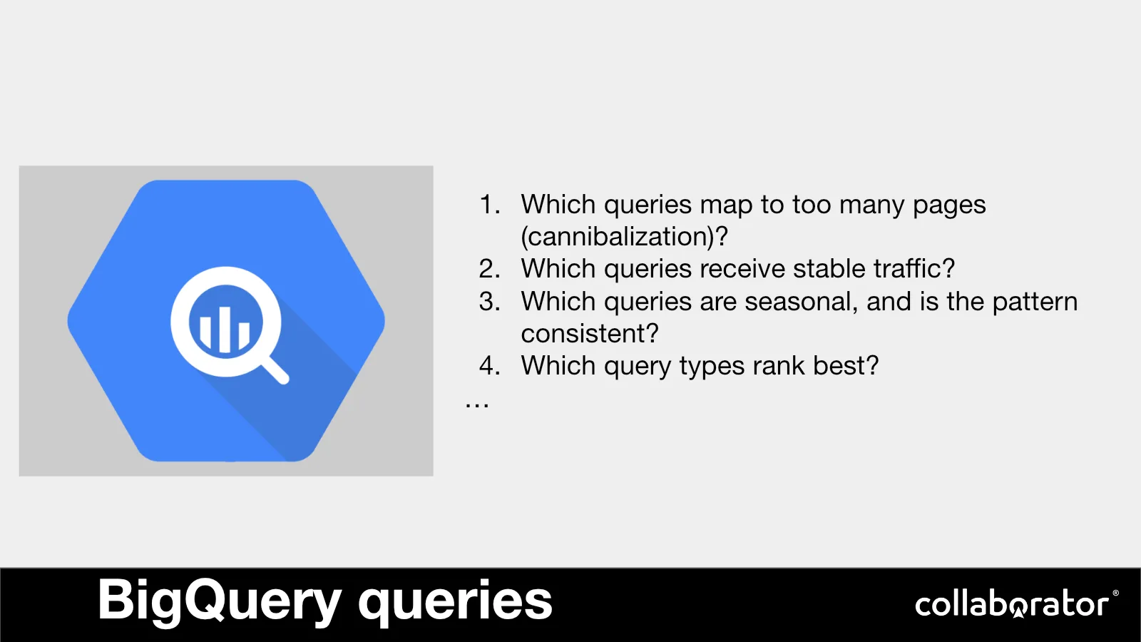Recurring BigQuery questions about cannibalization, stability, seasonality, and query types.