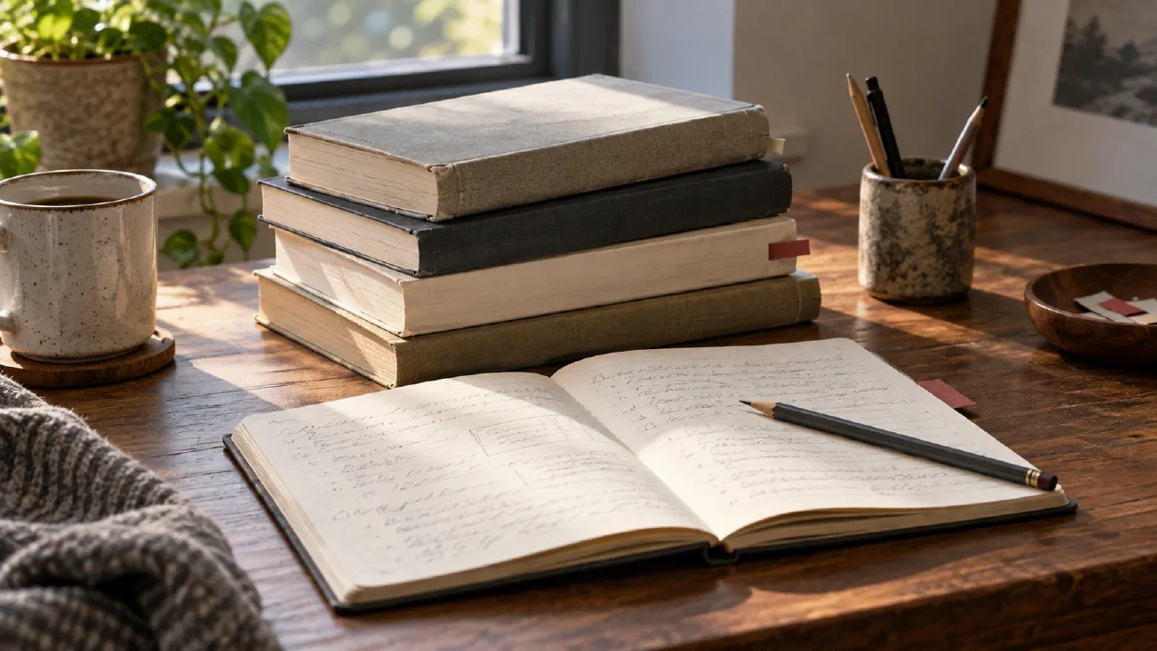 A stack of unbranded books beside an open notebook with pencil notes on a wooden desk.