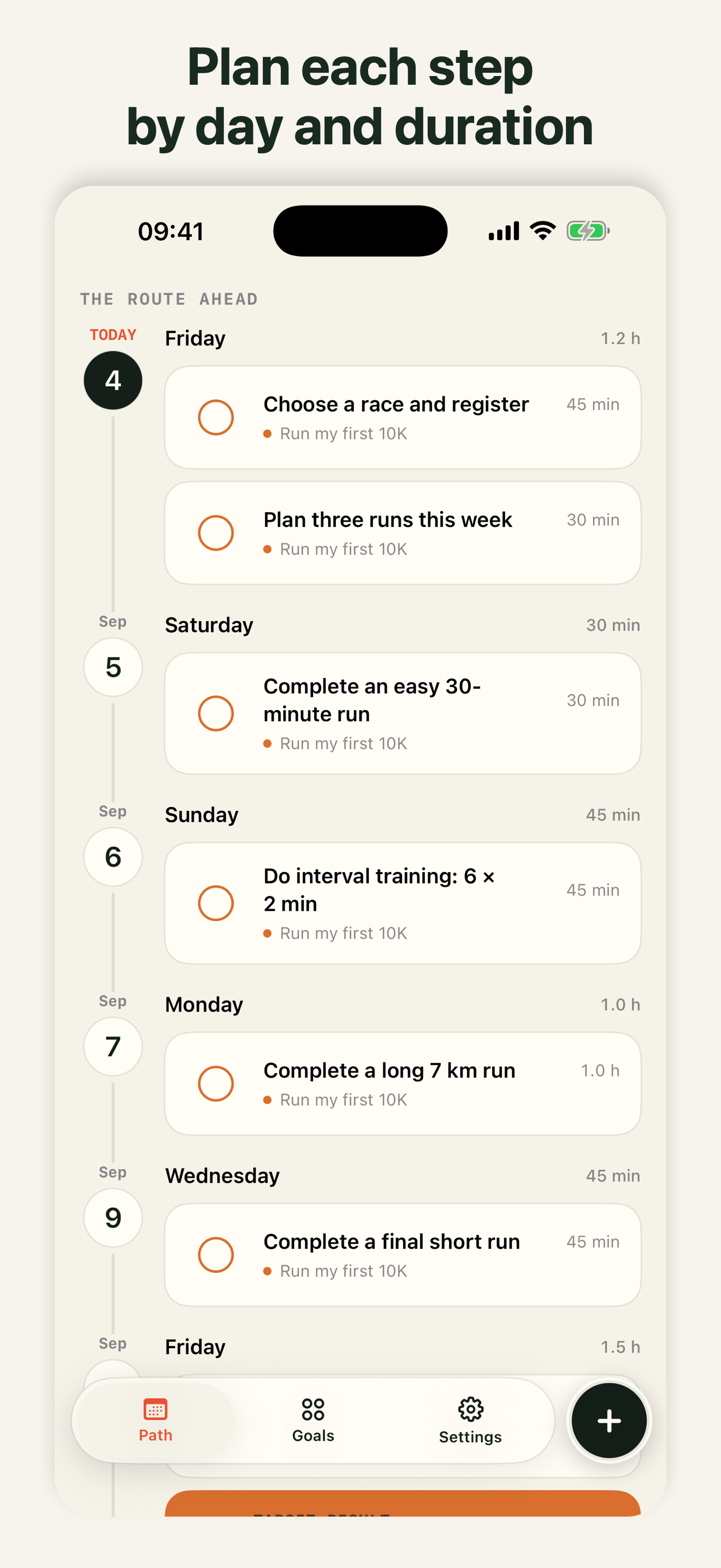 A real GoalLane route shows dated steps, estimated durations, and their parent goal on each card.