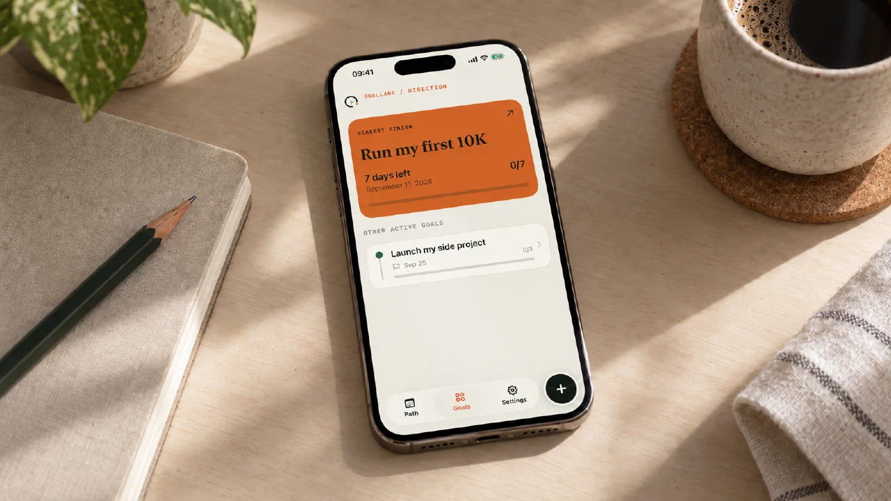 An iPhone with GoalLane open on a warm desk beside a notebook, showing an orange goal card for a first 10K run.
