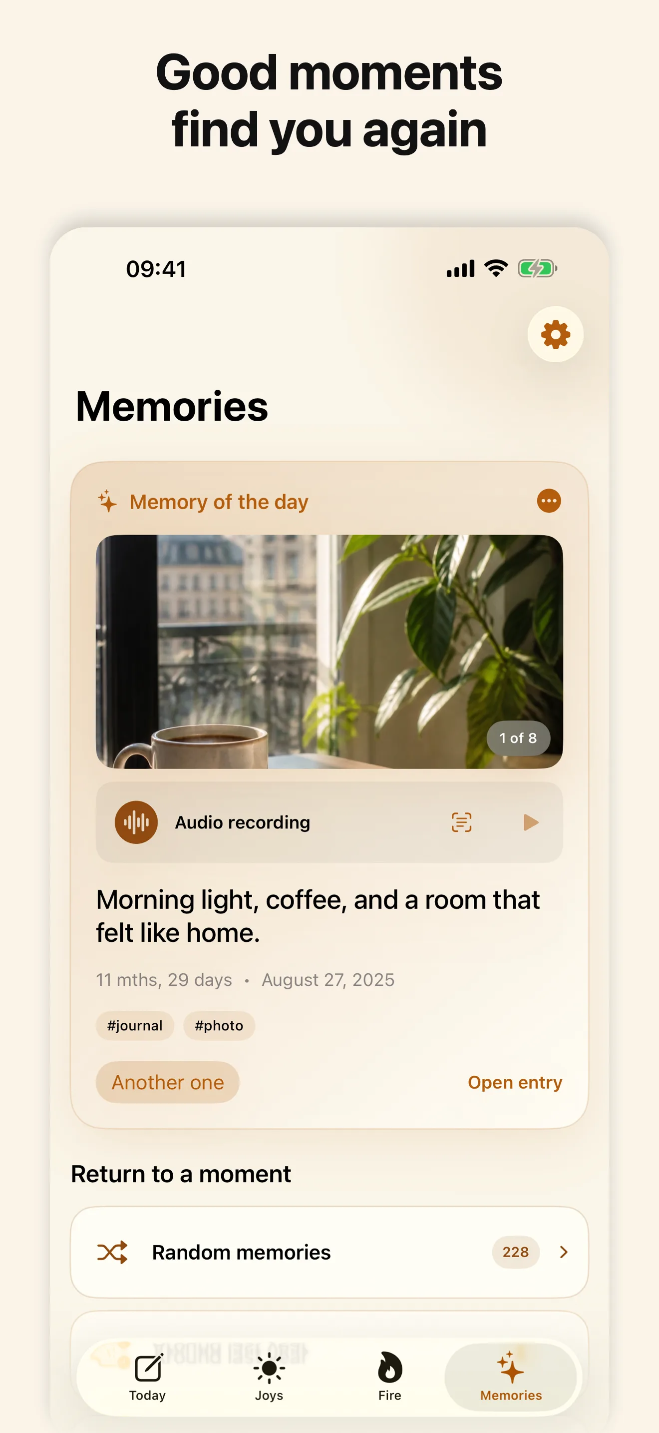 The Memories screen brings back joyful entries without scores, streaks, or a public feed.