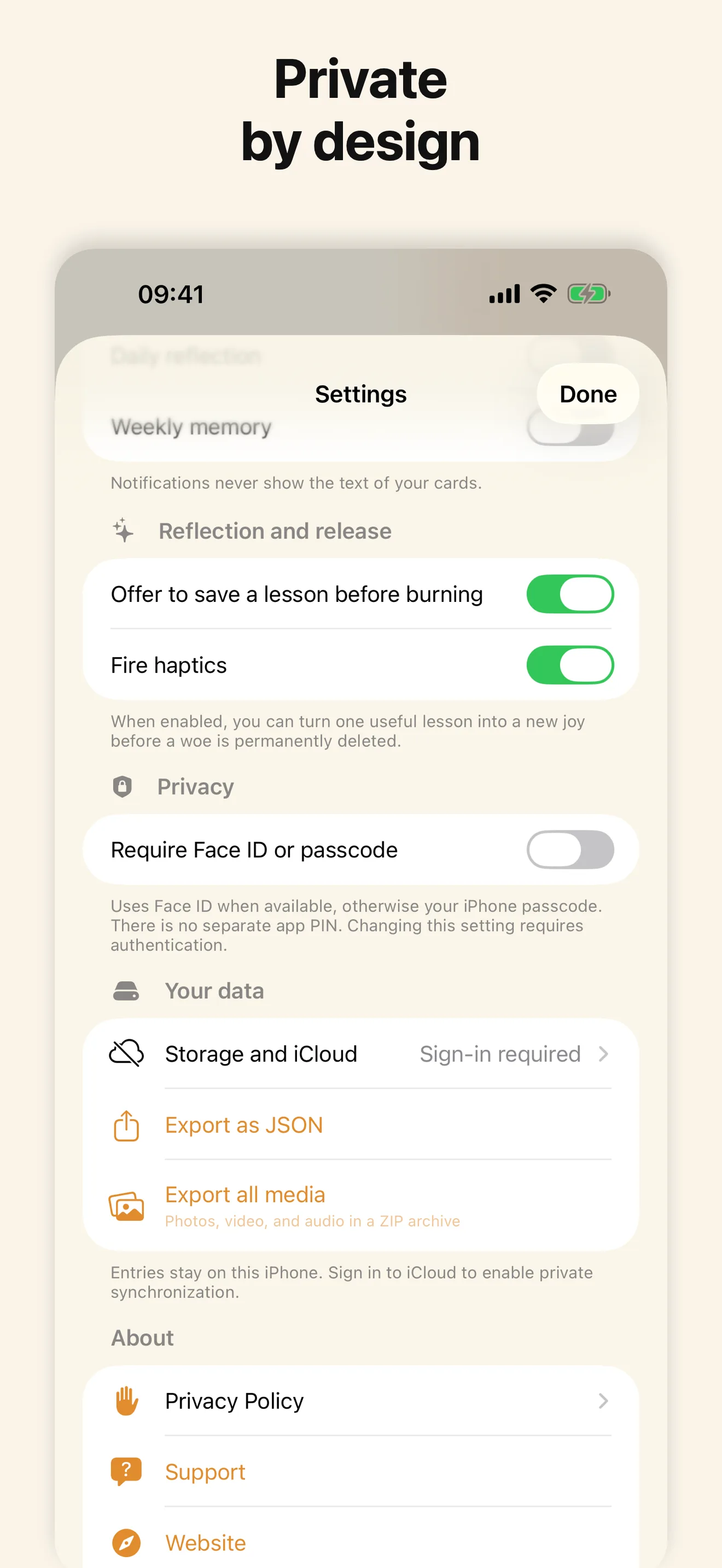 The privacy screen in Joys & Woes explains local storage, optional iCloud sync, and user-controlled exports.