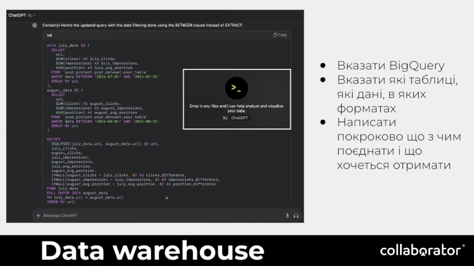 BigQuery-запит, створений за описаною схемою та завданням.